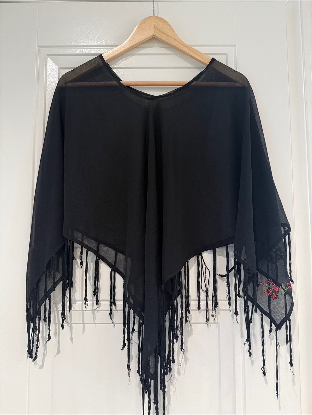 Black Sheer Fringe Poncho with Subtle Floral Embroidery